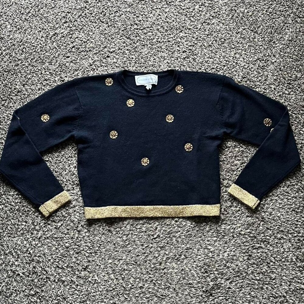 Adrienne Vittadini Angora Wool Sweater Womens Large Black w/Glitter Sun Pendant